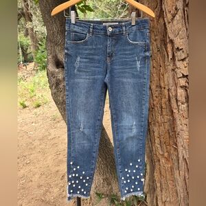 Zara Stylish Dark Blue‎ Pearl-Embellished Women's Jeans Size 4